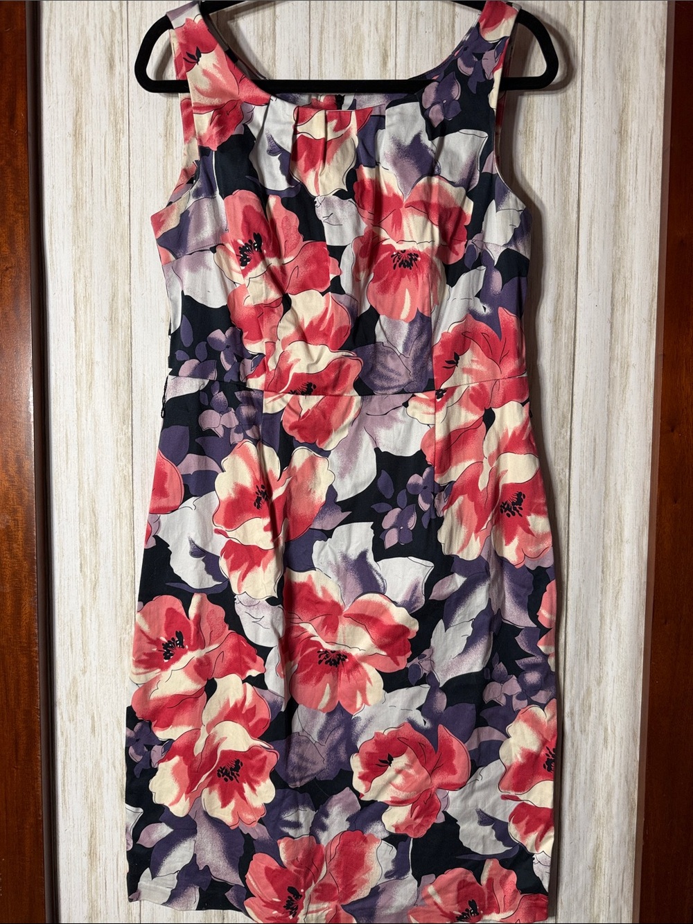 madison leigh Navy Midi Sheath Dress with Coral and Cream Floral Print